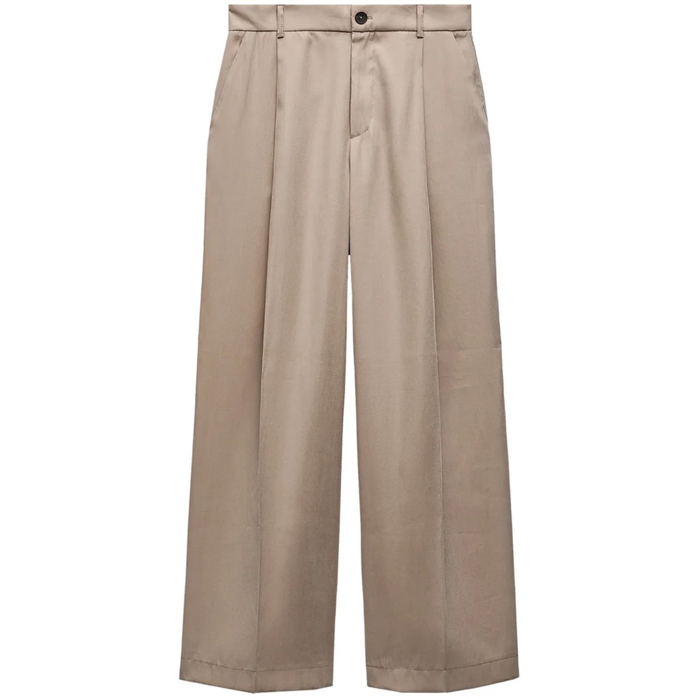 Zara Tan Wide-Leg Pleated Pants